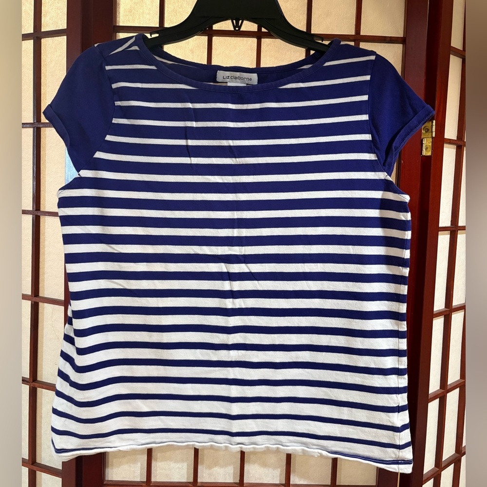 Liz Claiborne Blue & White Striped Boatneck Tee